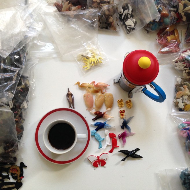 Vintage brooches and coffee in Bodum
